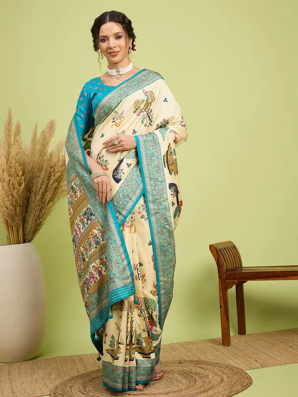 Women's_Silk_Blend_Cream_Digital_Print_Designer_Saree_With_Blouse_Piece