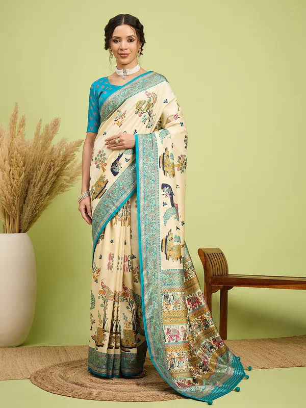 Women's_Silk_Blend_Cream_Digital_Print_Designer_Saree_With_Blouse_Piece