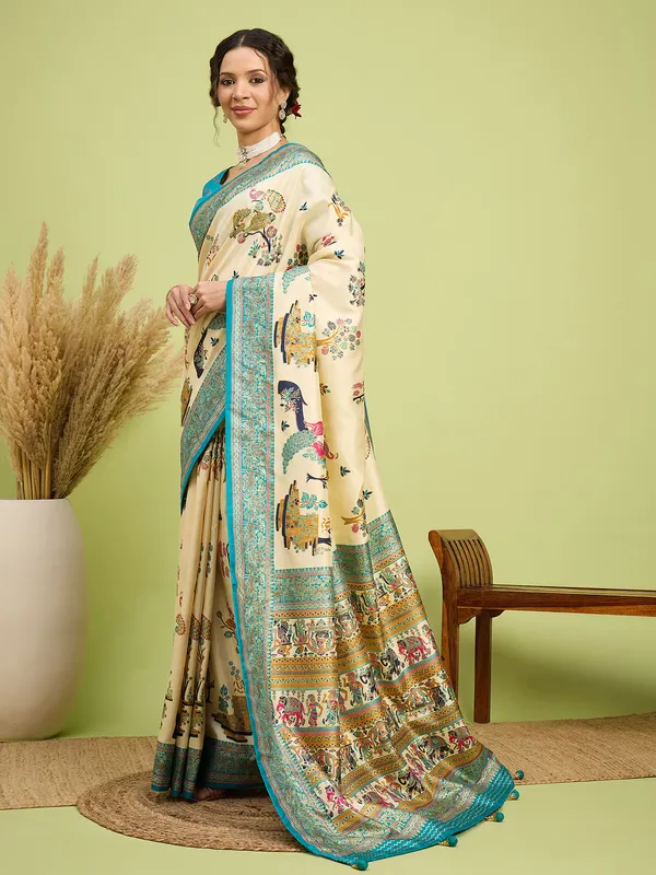 Women's_Silk_Blend_Cream_Digital_Print_Designer_Saree_With_Blouse_Piece