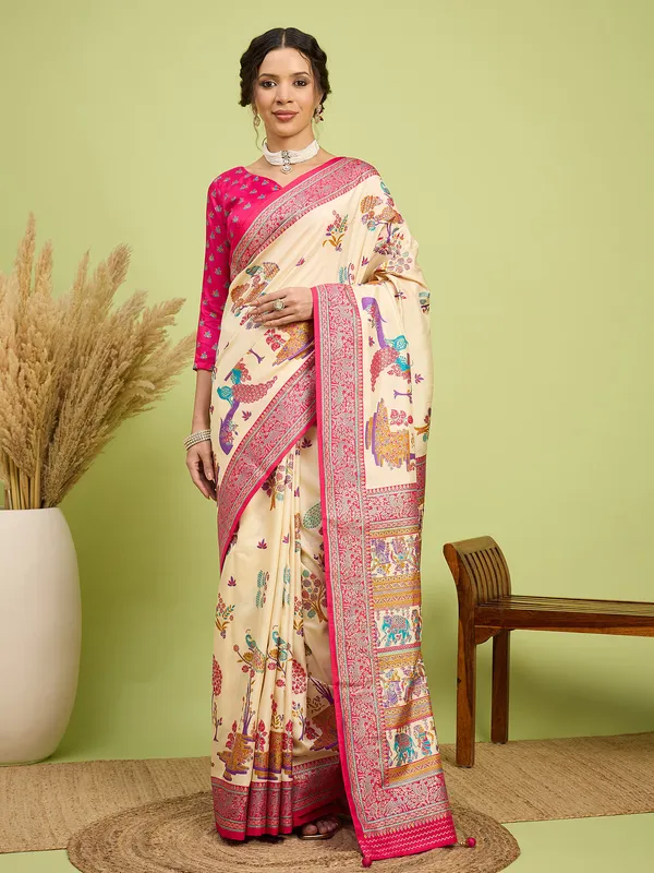 Women's_Silk_Blend_Cream_Digital_Print_Designer_Saree_With_Blouse_Piece