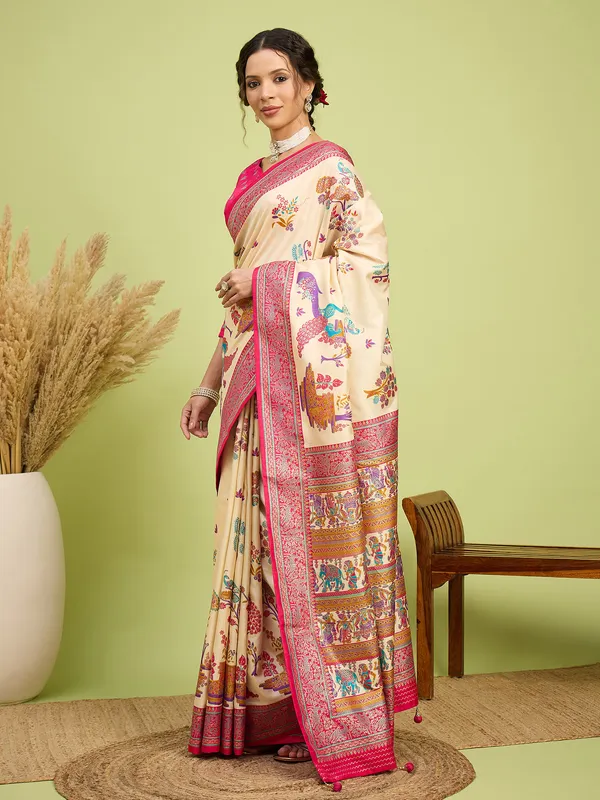 Women's_Silk_Blend_Cream_Digital_Print_Designer_Saree_With_Blouse_Piece