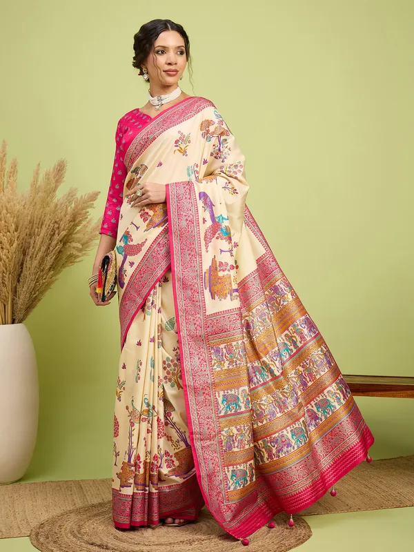 Women's_Silk_Blend_Cream_Digital_Print_Designer_Saree_With_Blouse_Piece