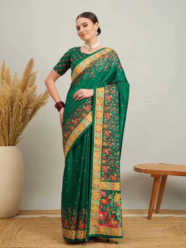 Women's_Silk_Blend_Dark_Green_Digital_Print_Designer_Saree_With_Blouse_Piece