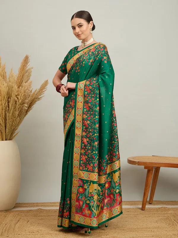 Women's_Silk_Blend_Dark_Green_Digital_Print_Designer_Saree_With_Blouse_Piece