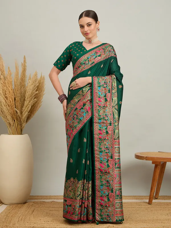 Women's_Silk_Blend_Dark_Green_Digital_Print_Designer_Saree_With_Blouse_Piece