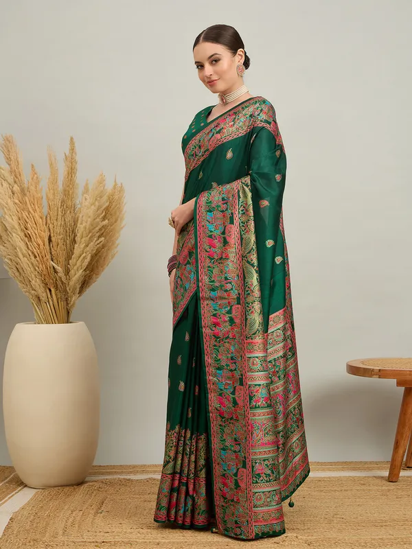 Women's_Silk_Blend_Dark_Green_Digital_Print_Designer_Saree_With_Blouse_Piece