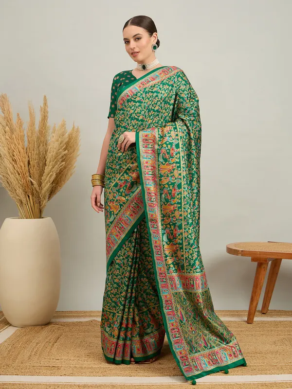 Women's_Silk_Blend_Dark_Green_Digital_Print_Designer_Saree_With_Blouse_Piece