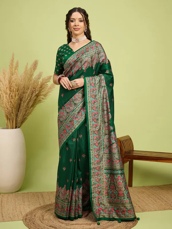 Women's_Silk_Blend_Dark_Green_Digital_Print_Designer_Saree_With_Blouse_Piece
