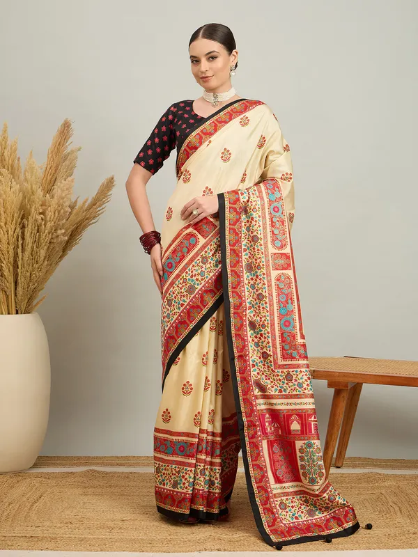 Women's_Silk_Blend_Cream_Digital_Print_Designer_Saree_With_Blouse_Piece