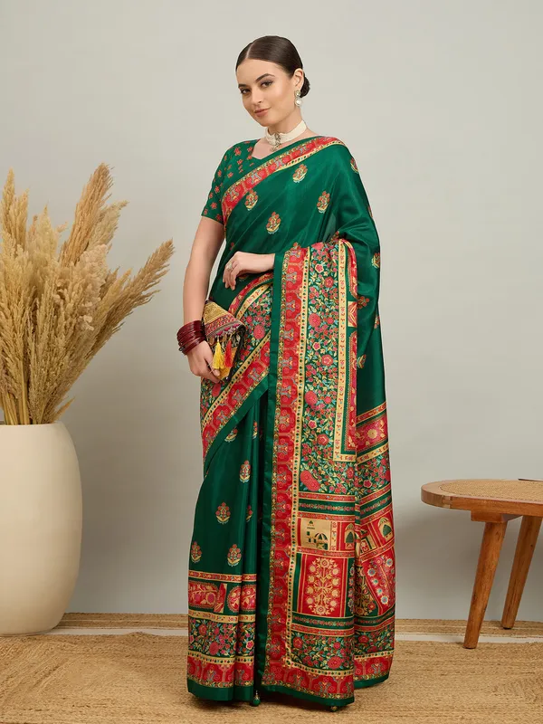 Women's_Silk_Blend_Dark_Green_Digital_Print_Designer_Saree_With_Blouse_Piece