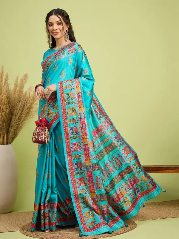 Women's_Silk_Blend_Teal_blue_Digital_Print_Designer_Saree_With_Blouse_Piece