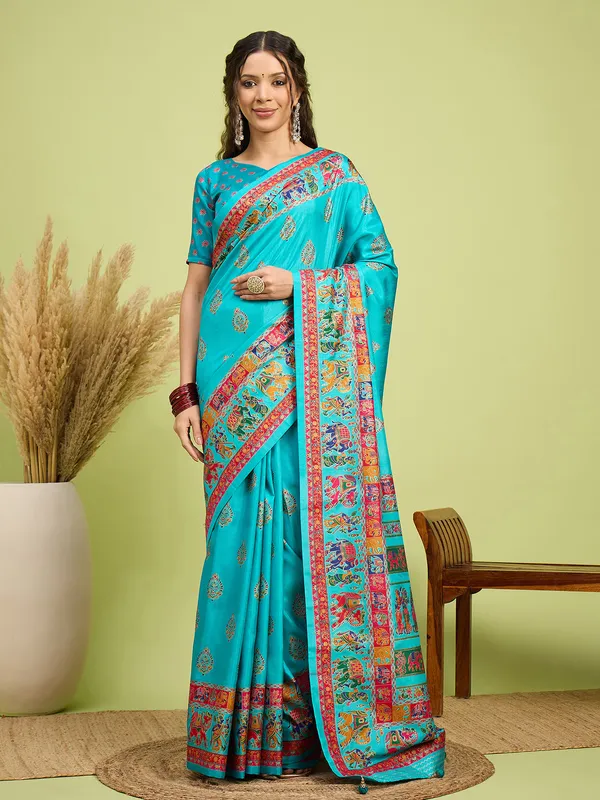Women's_Silk_Blend_Teal_blue_Digital_Print_Designer_Saree_With_Blouse_Piece
