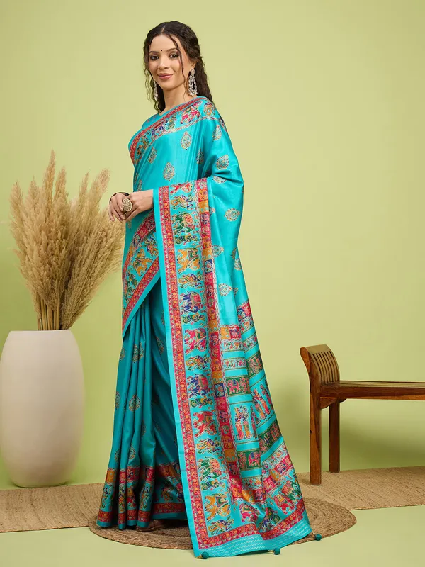 Women's_Silk_Blend_Teal_blue_Digital_Print_Designer_Saree_With_Blouse_Piece
