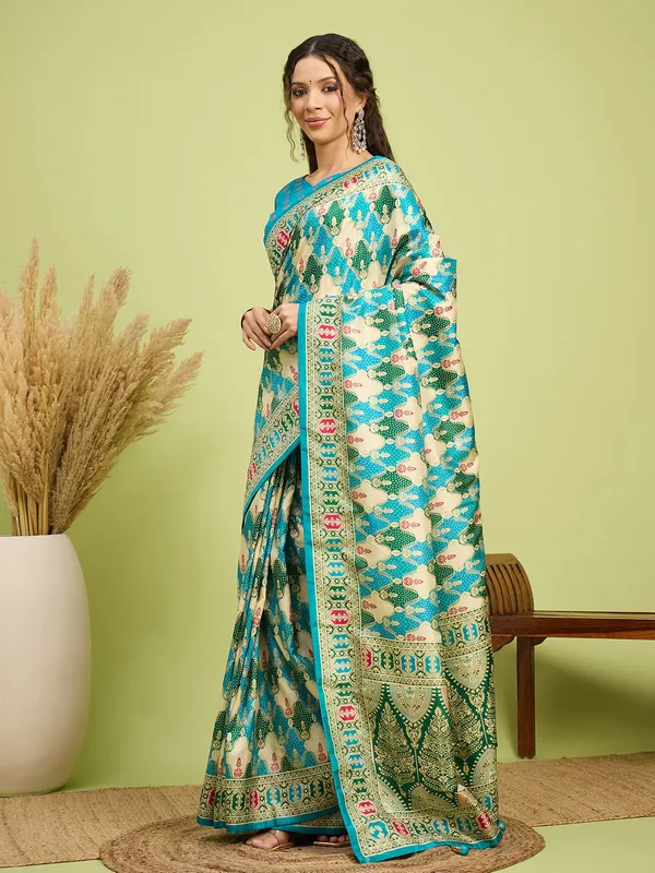 Women's_Silk_Blend_Teal_blue_Digital_Print_Designer_Saree_With_Blouse_Piece