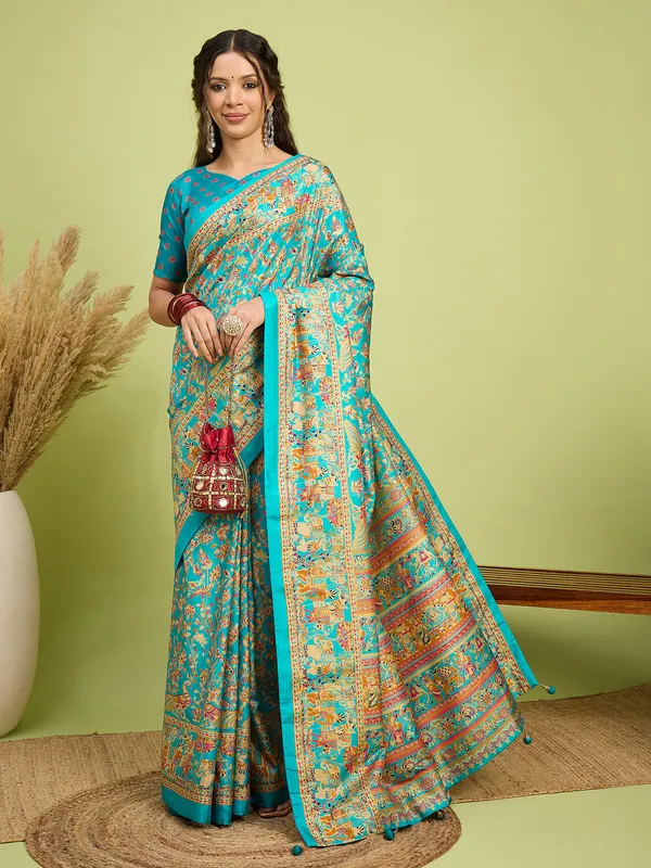 Women's_Silk_Blend_Teal_blue_Digital_Print_Designer_Saree_With_Blouse_Piece