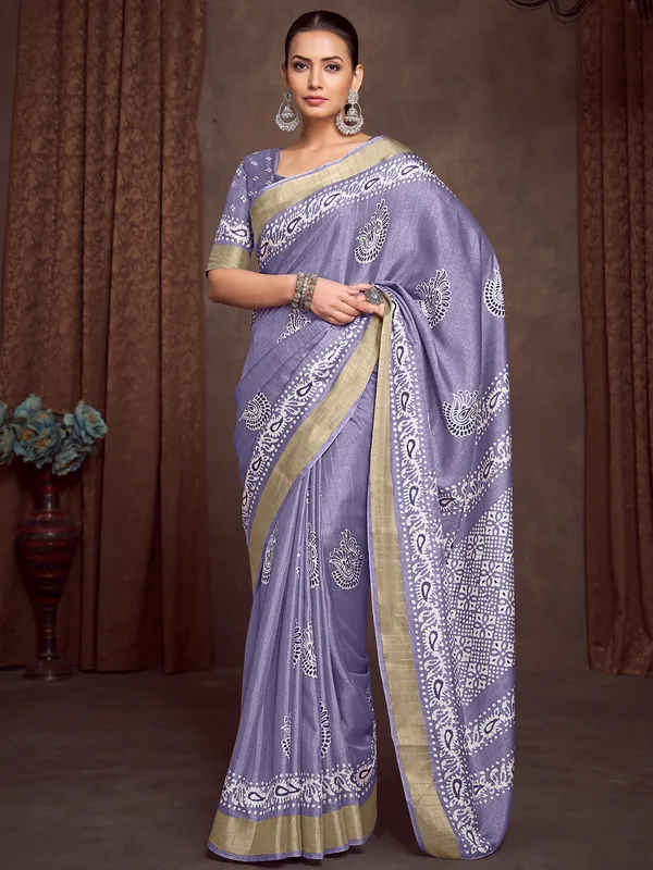 Women's_Silk_Blend_Lavender_Printed_Designer_Saree_With_Blouse_Piece
