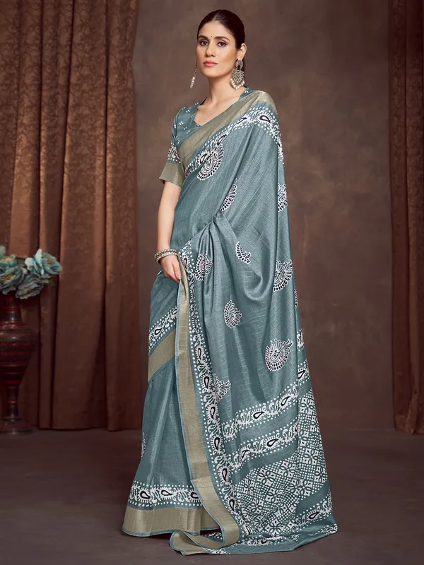 Women's_Silk_Blend_Sea_Green_Printed_Designer_Saree_With_Blouse_Piece