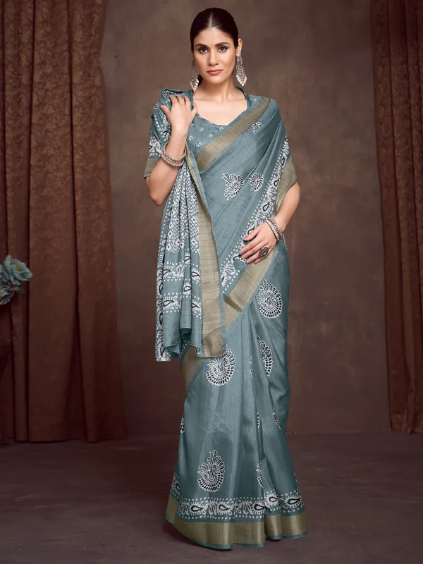 Women's_Silk_Blend_Sea_Green_Printed_Designer_Saree_With_Blouse_Piece