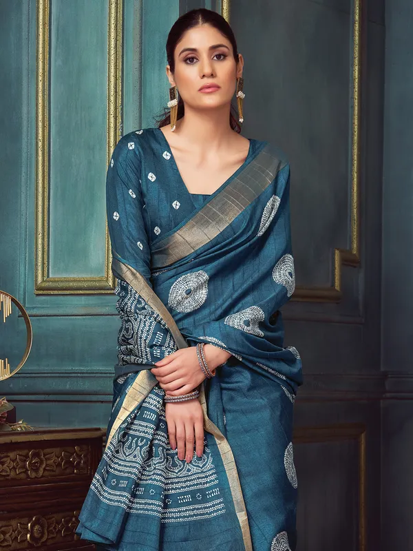 Women's_Silk_Blend_Navy_Blue_Printed_Designer_Saree_With_Blouse_Piece