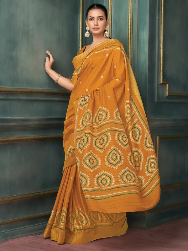 Women's_Silk_Blend_Mustard_Printed_Designer_Saree_With_Blouse_Piece