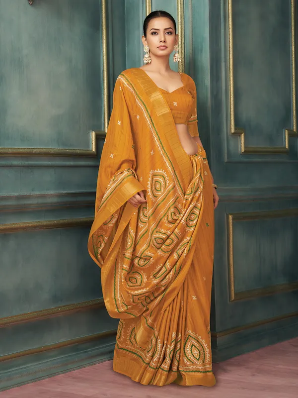 Women's_Silk_Blend_Mustard_Printed_Designer_Saree_With_Blouse_Piece