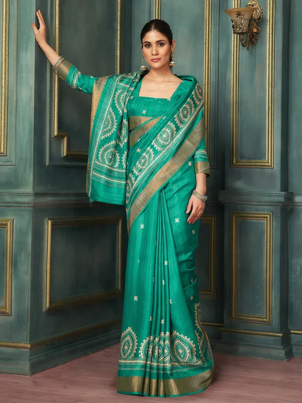 Women's_Silk_Blend_Teal_blue_Printed_Designer_Saree_With_Blouse_Piece