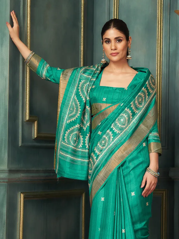 Women's_Silk_Blend_Teal_blue_Printed_Designer_Saree_With_Blouse_Piece