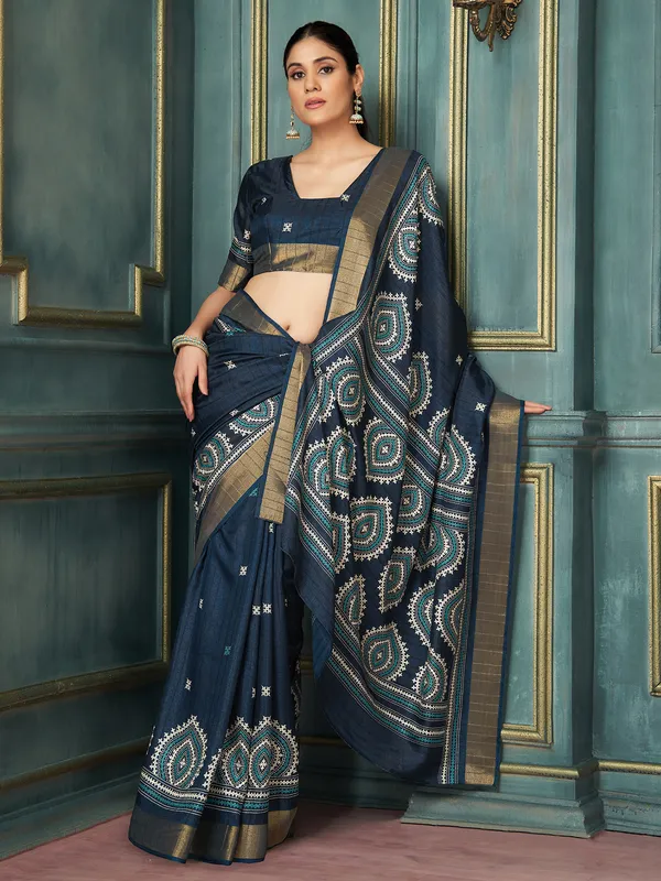 Women's_Silk_Blend_Navy_Blue_Printed_Designer_Saree_With_Blouse_Piece
