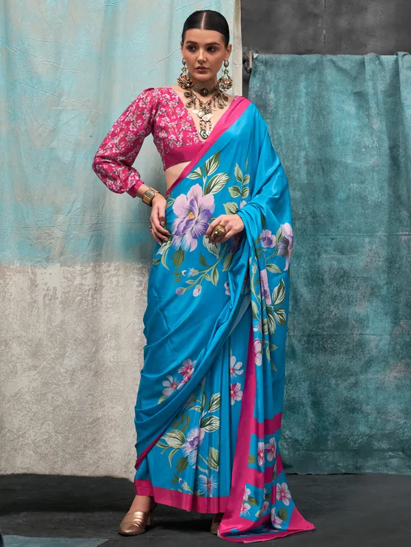Women's_Crepe_Light_Blue_Printed_Designer_Saree_With_Blouse_Piece