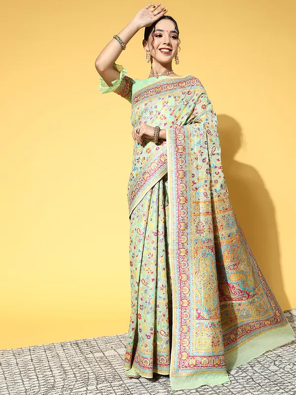 Women's_Silk_Blend_Light_Green_Woven_Design_CelebritySaree_With_Blouse_Piece