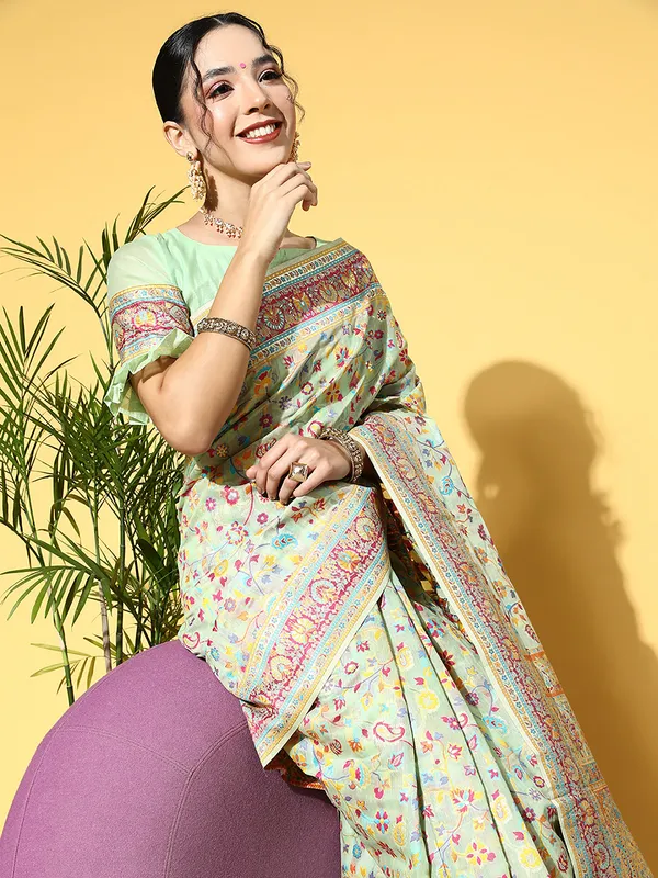 Women's_Silk_Blend_Light_Green_Woven_Design_CelebritySaree_With_Blouse_Piece