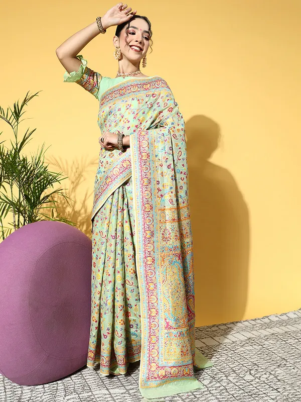 Women's_Silk_Blend_Light_Green_Woven_Design_CelebritySaree_With_Blouse_Piece