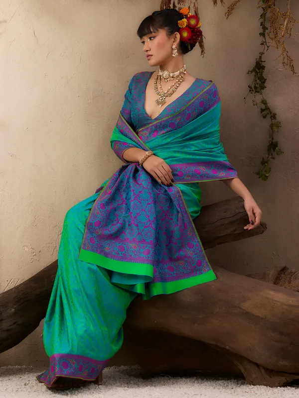 Women's_Silk_Blend_Teal_blue_Woven_Design_Designer_Saree_With_Blouse_Piece