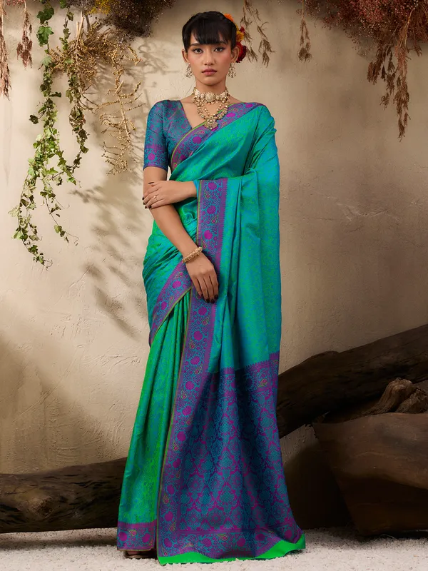 Women's_Silk_Blend_Teal_blue_Woven_Design_Designer_Saree_With_Blouse_Piece