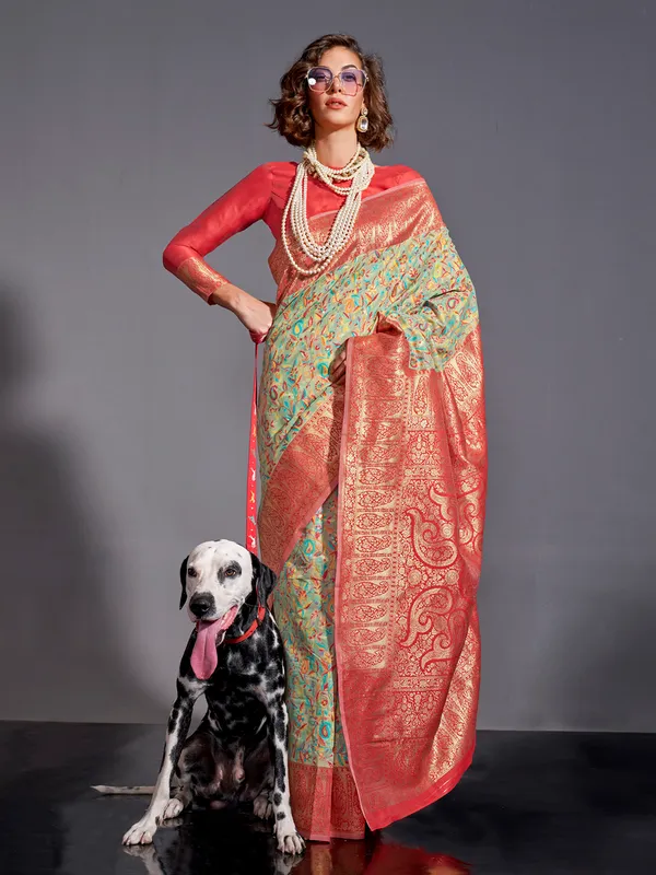 Women's_Silk_Blend_Sea_Green_Woven_Design_Designer_Saree_With_Blouse_Piece