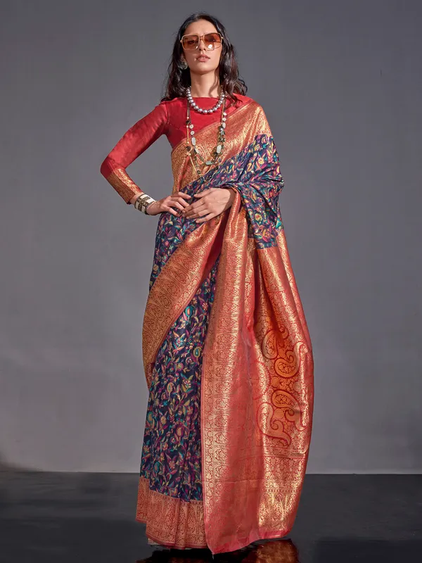 Women's_Silk_Blend_Navy_Blue_Woven_Design_Designer_Saree_With_Blouse_Piece