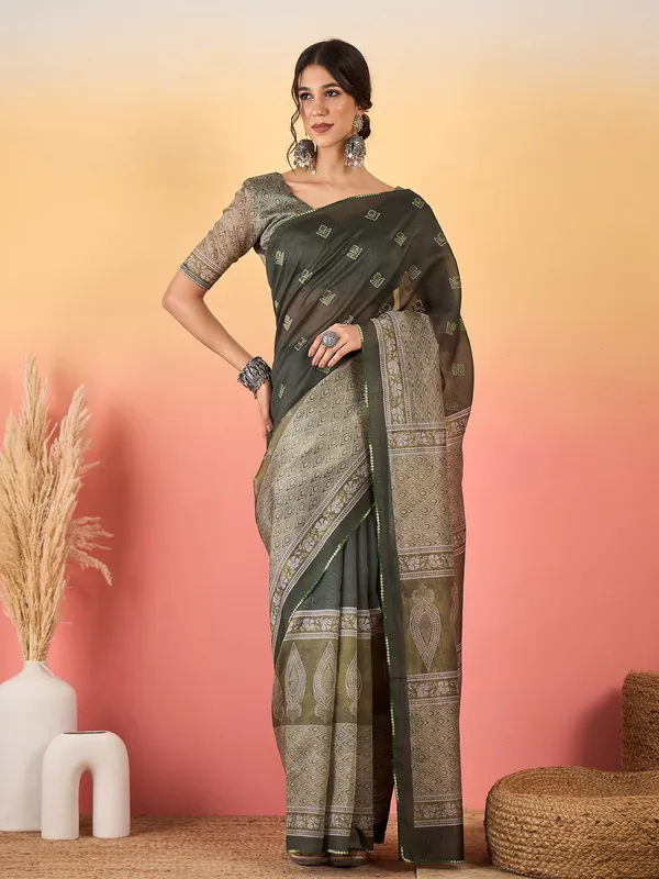 Women's_Silk_Blend_Olive_Printed_Designer_Saree_With_Blouse_Piece