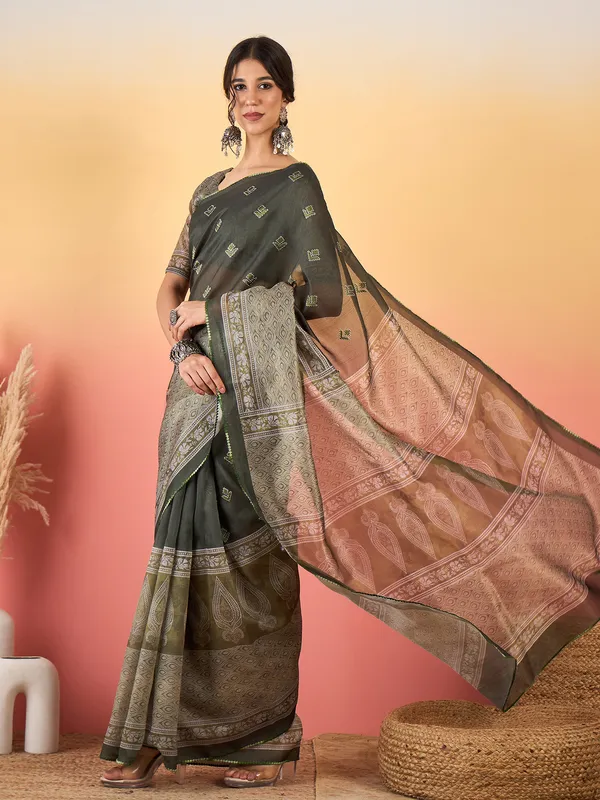 Women's_Silk_Blend_Olive_Printed_Designer_Saree_With_Blouse_Piece