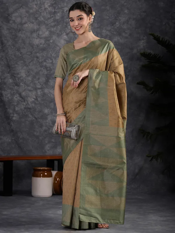 Women's_Silk_Blend_Olive_Printed_Designer_Saree_With_Blouse_Piece