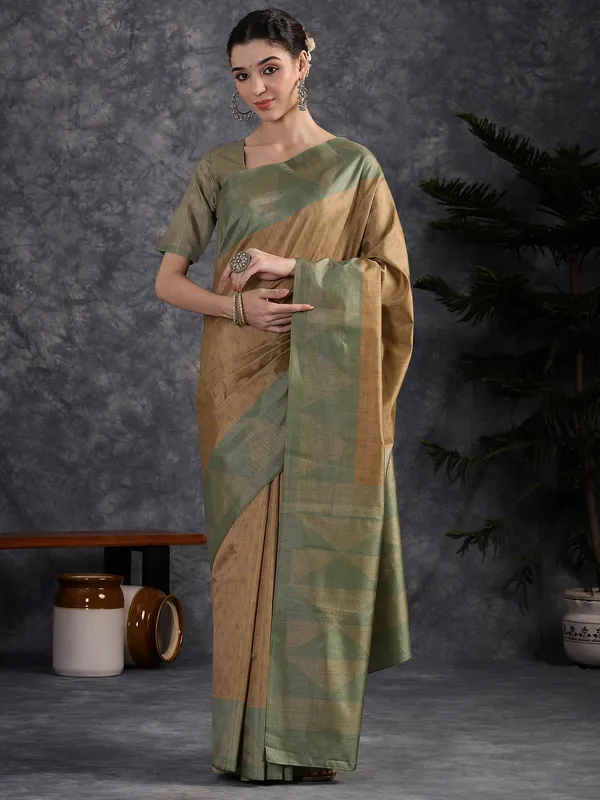 Women's_Silk_Blend_Olive_Printed_Designer_Saree_With_Blouse_Piece