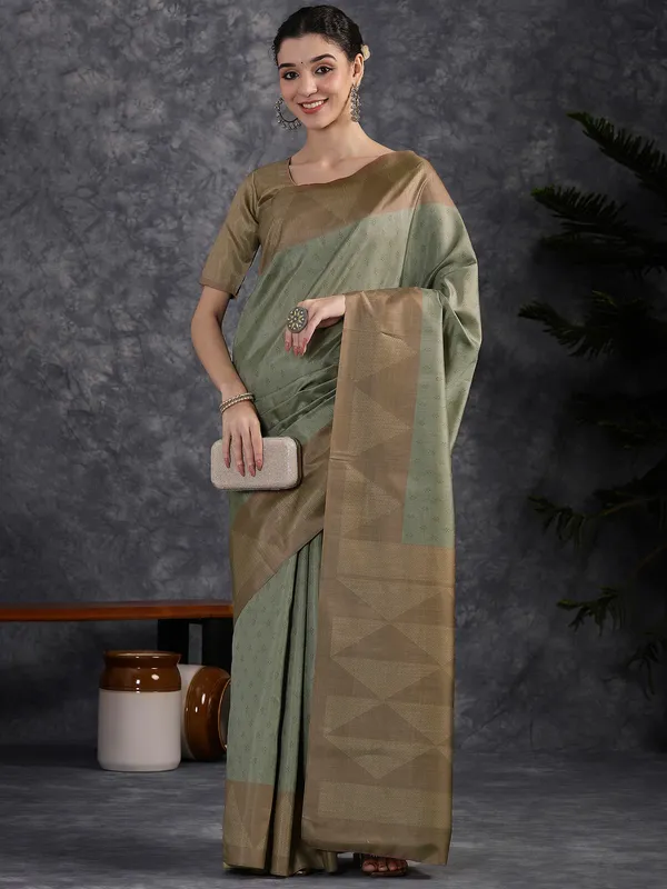 Women's_Silk_Blend_Olive_Printed_Designer_Saree_With_Blouse_Piece