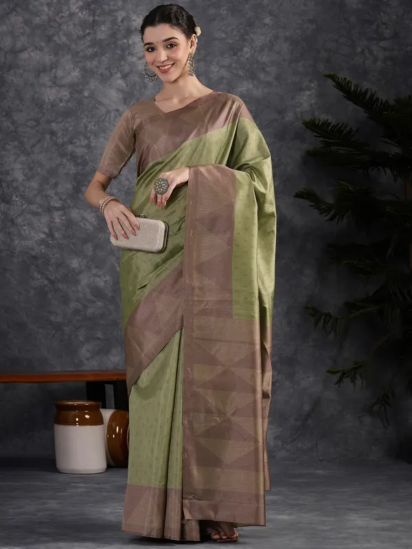 Women's_Silk_Blend_Olive_Printed_Designer_Saree_With_Blouse_Piece