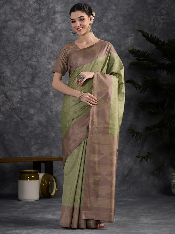 Women's_Silk_Blend_Olive_Printed_Designer_Saree_With_Blouse_Piece