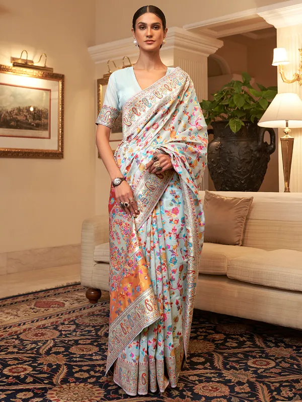 Women's_Silk_Blend_Light_Blue_Woven_Design_CelebritySaree_With_Blouse_Piece