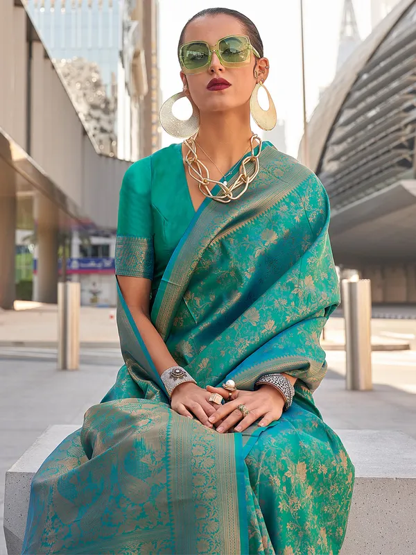 Women's_Kanjeevaram_Silk_Teal_blue_Woven_Design_Designer_Saree_With_Blouse_Piece