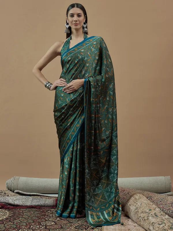 Women's_Pure_Crepe_Teal_green_Printed_Designer_Saree_With_Blouse_Piece