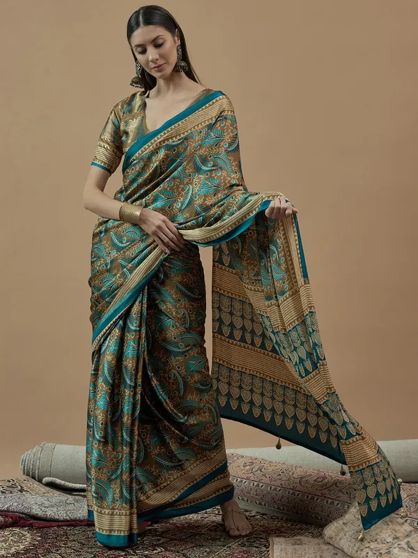 Women's_Pure_Crepe_Brown_Printed_Designer_Saree_With_Blouse_Piece
