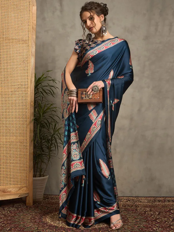 Women's_Pure_Crepe_Teal_blue_Printed_Designer_Saree_With_Blouse_Piece