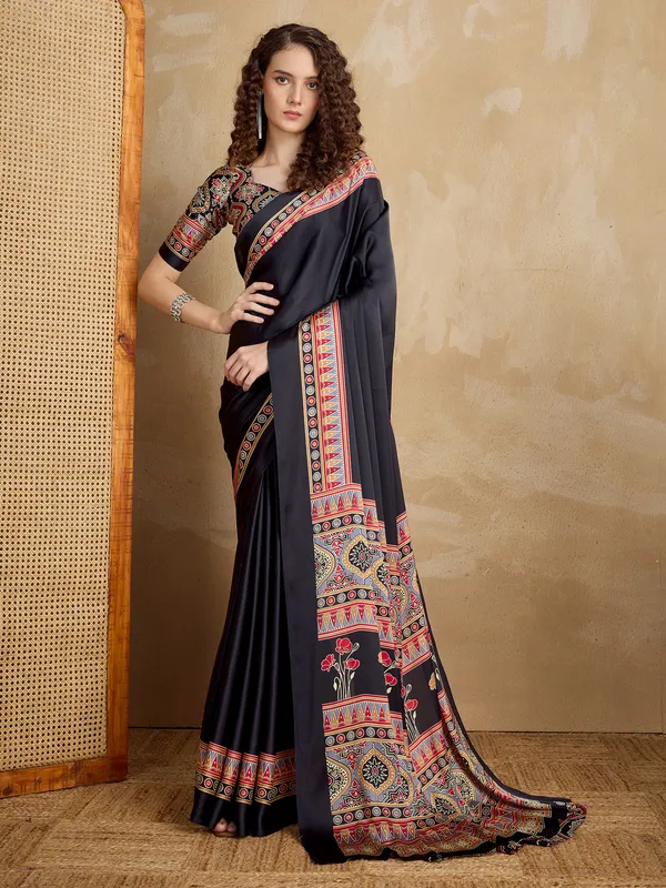 Women's_Satin_Black_Printed_Designer_Saree_With_Blouse_Piece