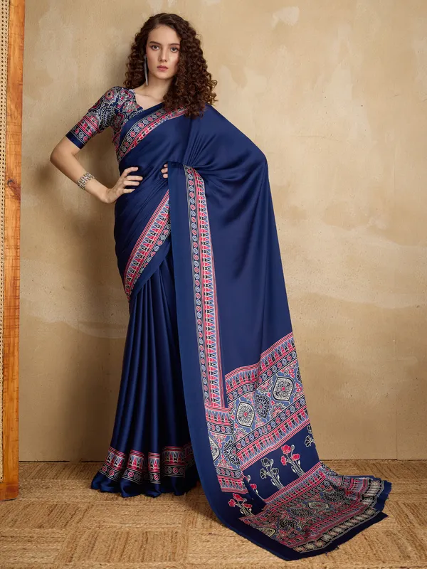 Women's_Satin_Navy_Blue_Printed_Designer_Saree_With_Blouse_Piece
